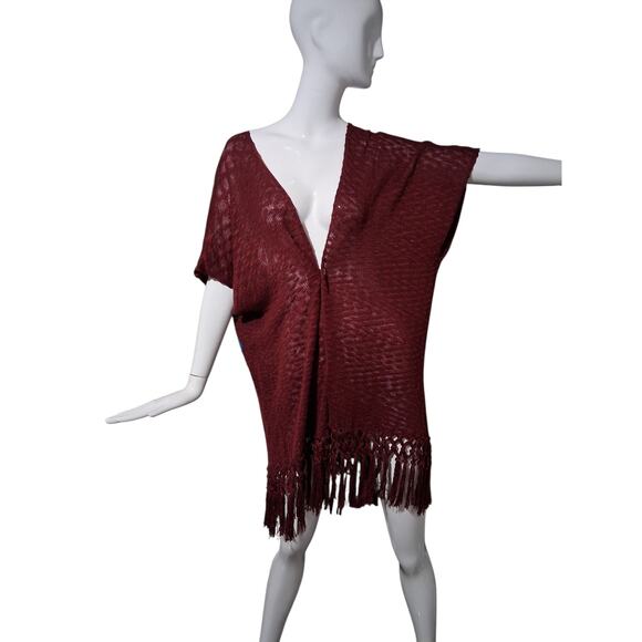 Umgee Women's Size M/L Boho Knit Aztec Fringed  Crochet Inlay Ruana Cardigan - Picture 2 of 12